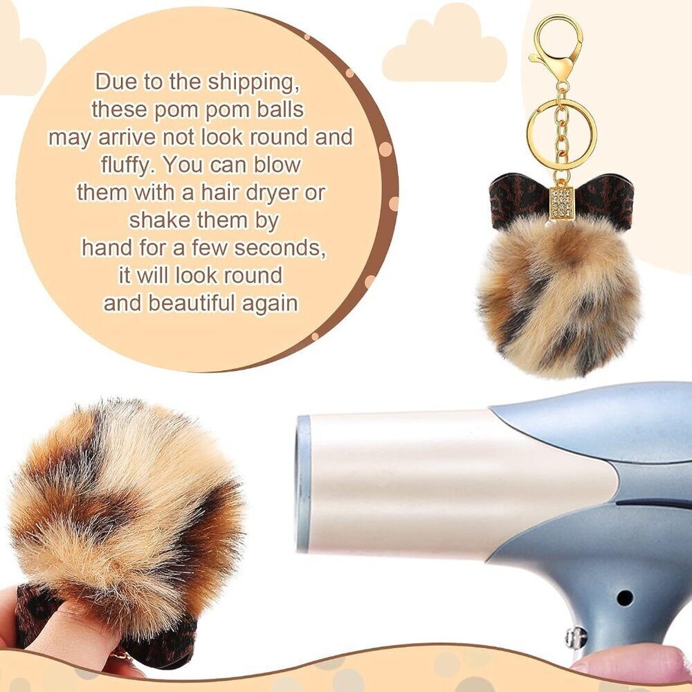 12 Pack Fluffy Faux Fur Pom Pom Keychains Rhinestone Bow for Bags Craft - Picture 4 of 6